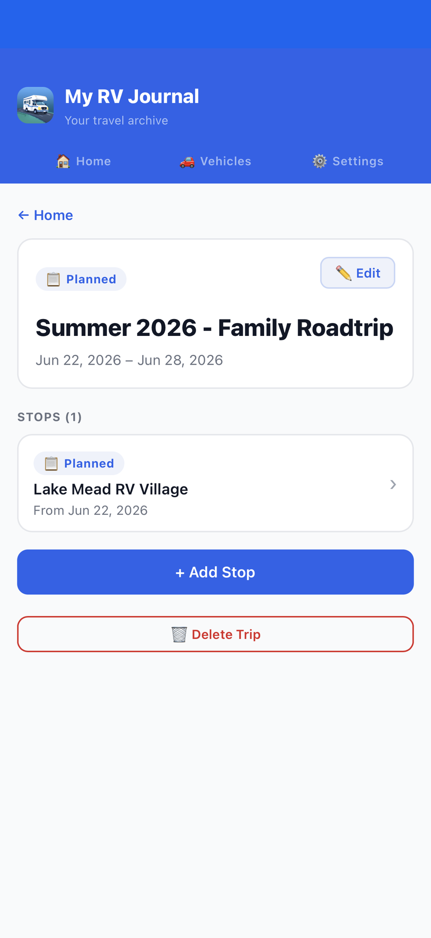 A trip with a stop added, showing dates and status