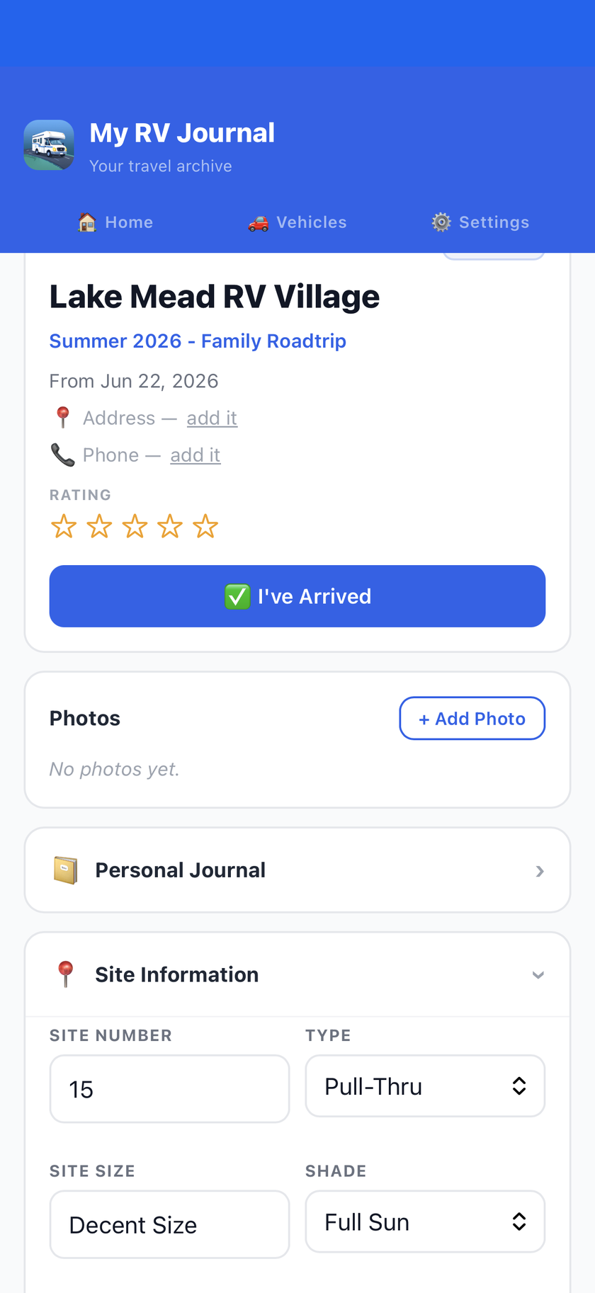 A stop's detail page with ratings and site information filled in