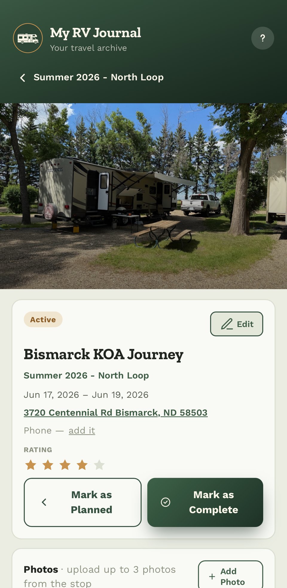 A stop's detail page with a campsite photo, rating, and address