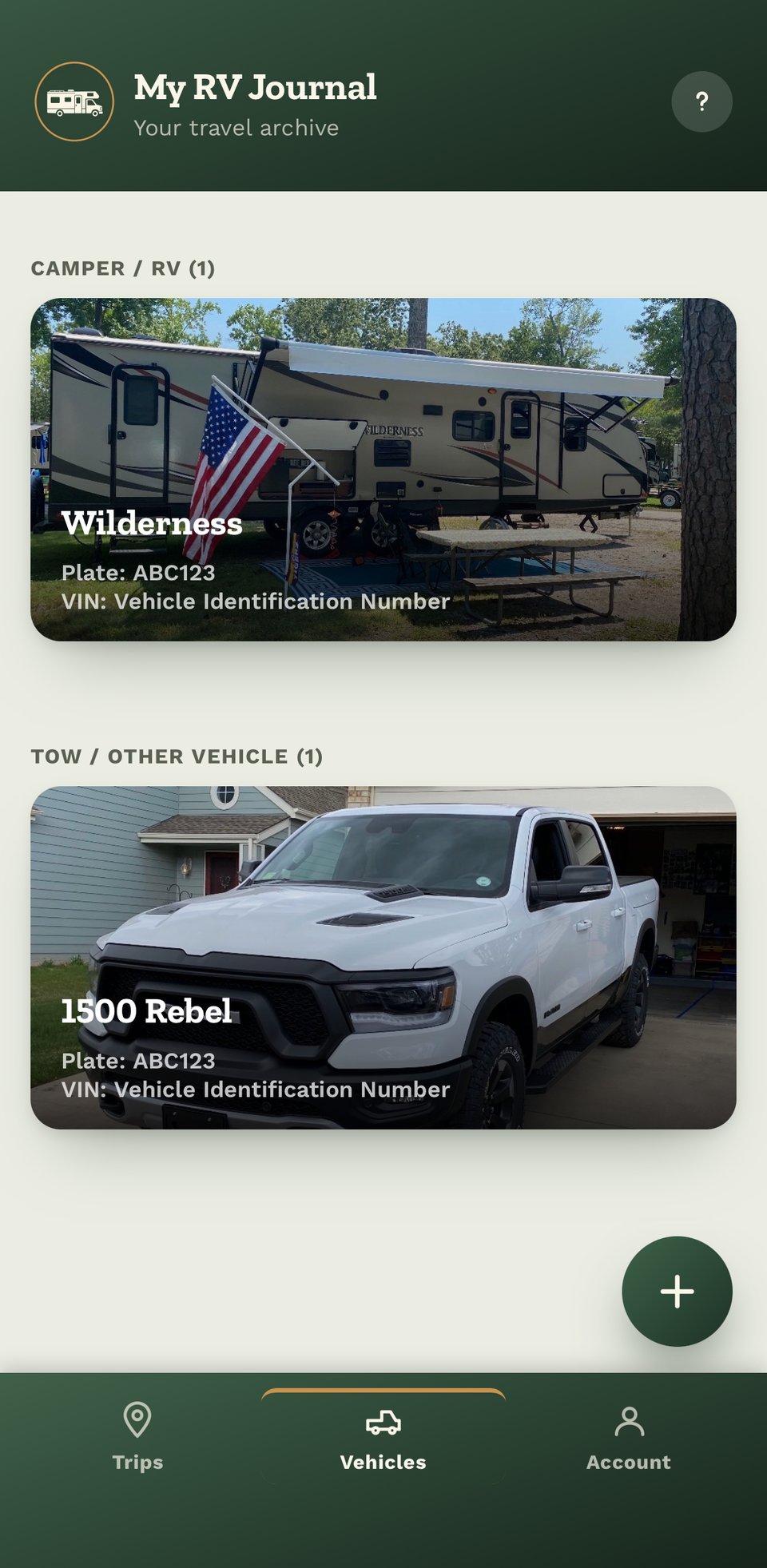 Vehicles tab showing Camper/RV and Tow/Other Vehicle cards