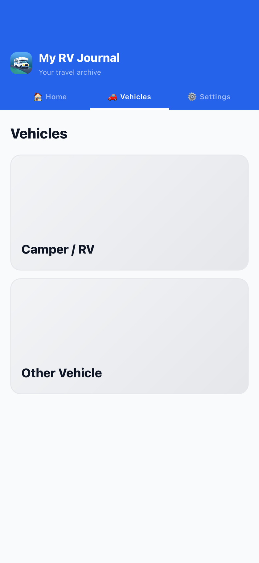 Vehicles tab showing Camper/RV and Other Vehicle cards