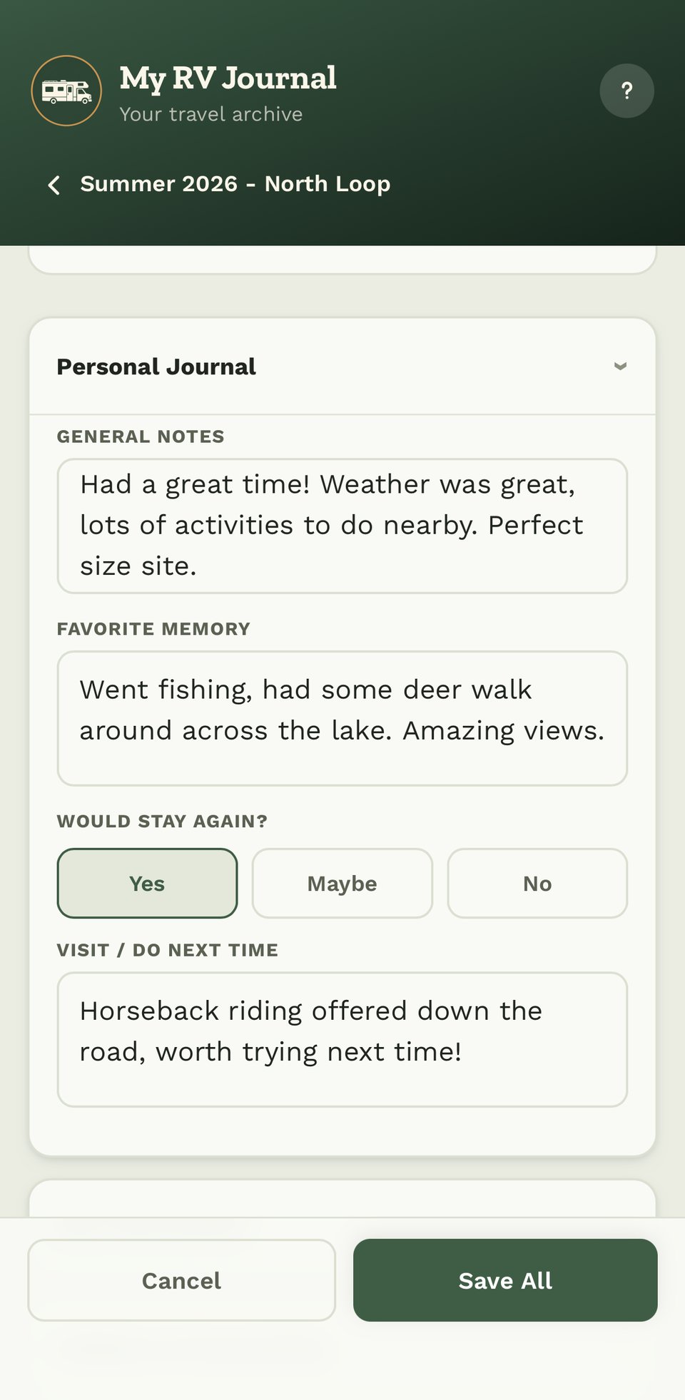 Personal journal section with notes, favorite memory, and a would-stay-again rating